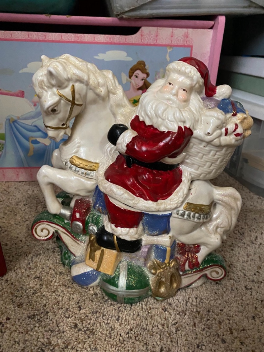 Festive Santa on White Horse Holiday Cookie Jar - Red, White